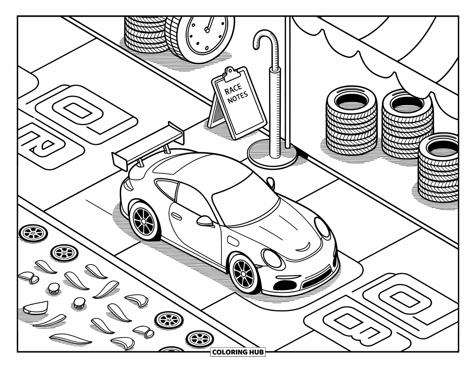 Derby Car Coloring Page for Adults: A race car in a cozy pit stop surrounded by mini tools and race gear