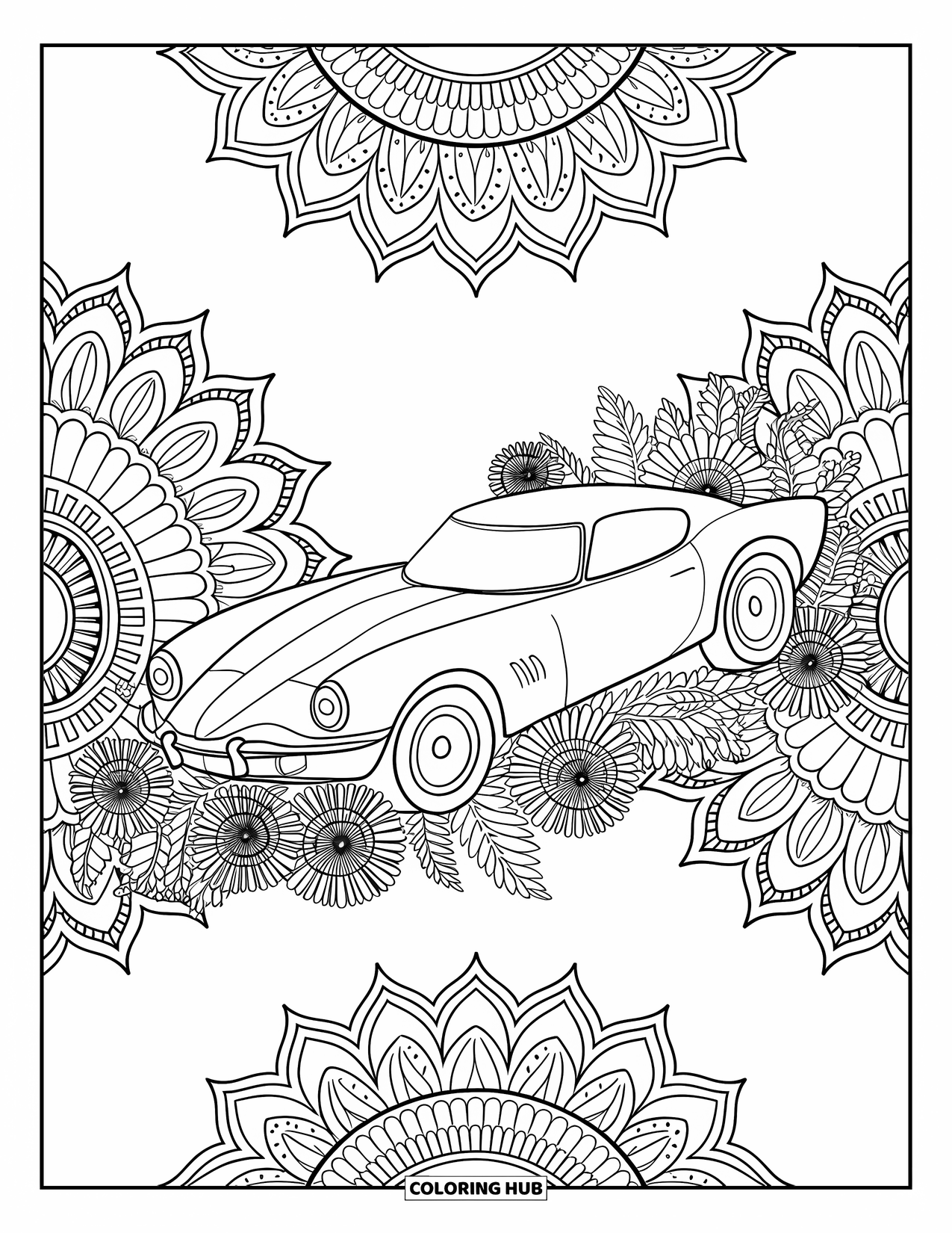 Derby Car Coloring Page for Adults: A race car sits wrapped in floral vines and swirling mandala designs