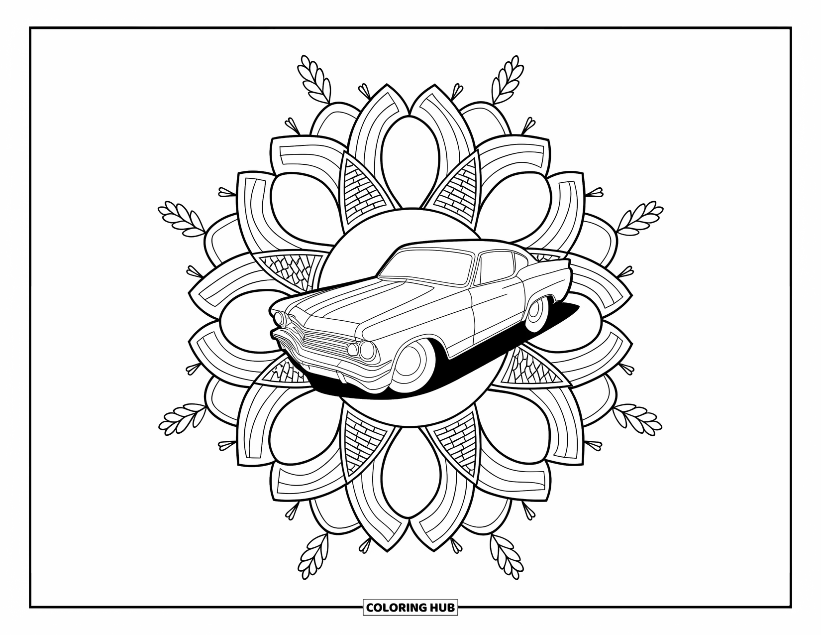 Derby Car Coloring Page for Adults: A shiny derby car is wrapped in swirling ribbons and laurel patterns