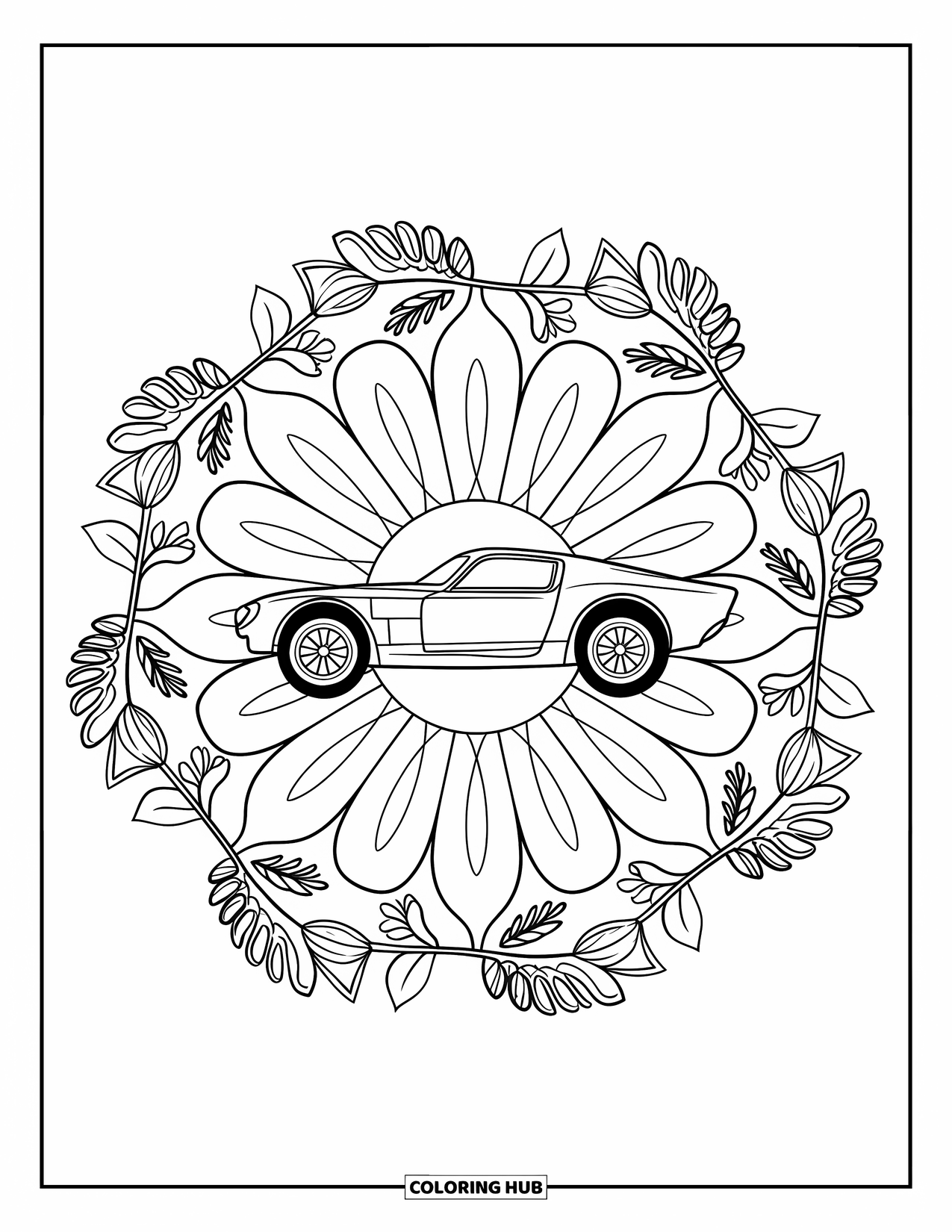 Derby Car Coloring Page for Adults: A sleek race car is centered in a floral mandala filled with leaves and vines