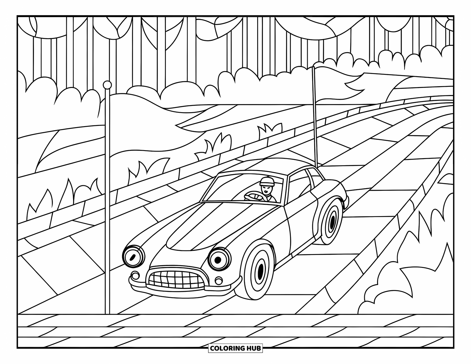 Derby Car Coloring Page for Adults: A speeding car zooms through a stained glass track with waving flags and trees