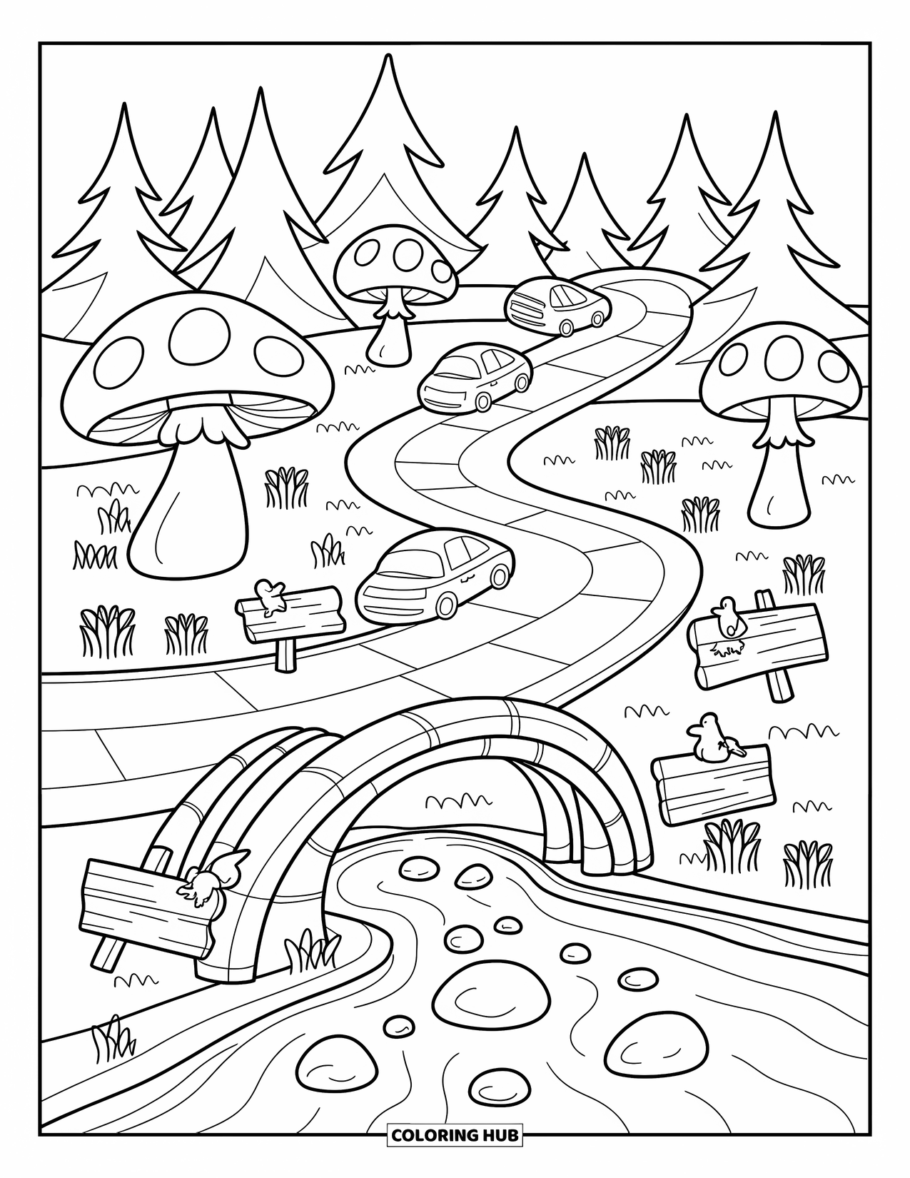 Derby Car Coloring Page for Adults: Cars speed through a forest trail with big mushrooms and a stream ramp