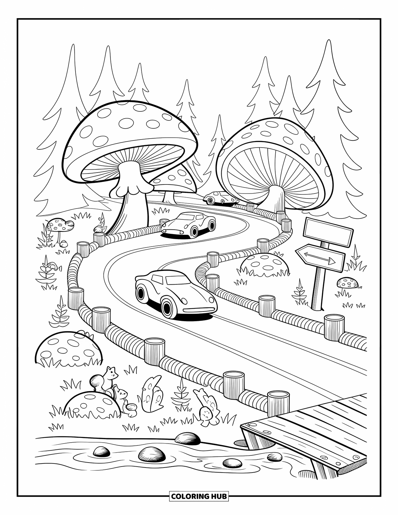 Derby Car Coloring Page for Adults: Derby cars zoom past forest creatures and giant mushrooms on a winding track