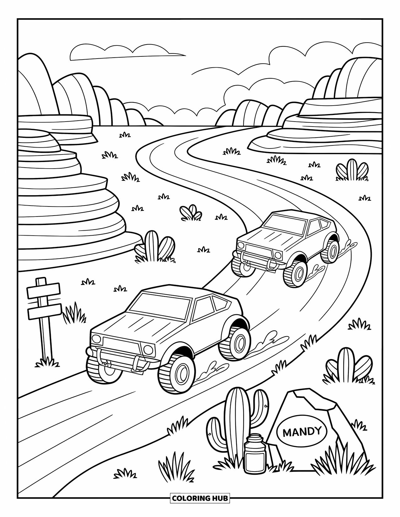 Derby Car Coloring Page for Adults: Two cars race in a playful desert scene with dunes and tiny adventure gear