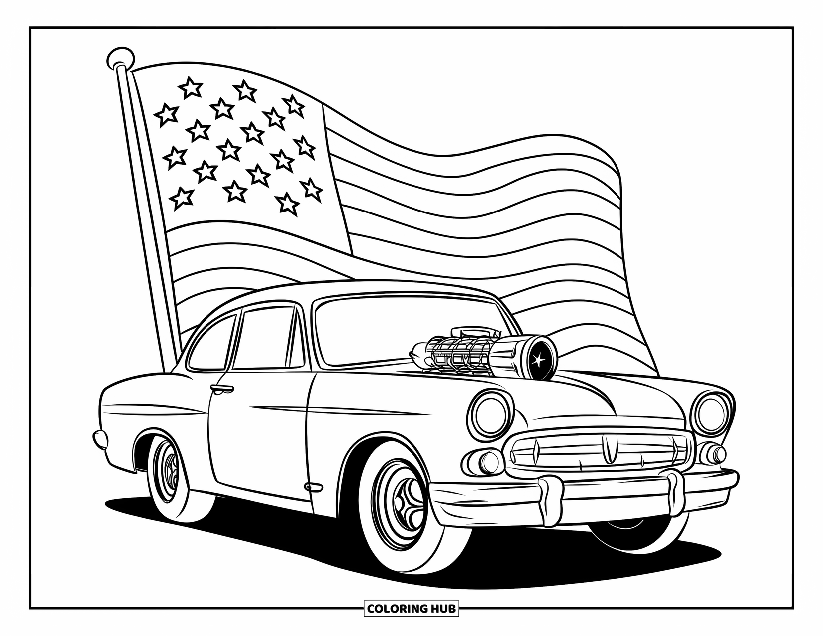 Derby Car Coloring Page for Kids: A bold car drives under a waving flag with stars and stripes