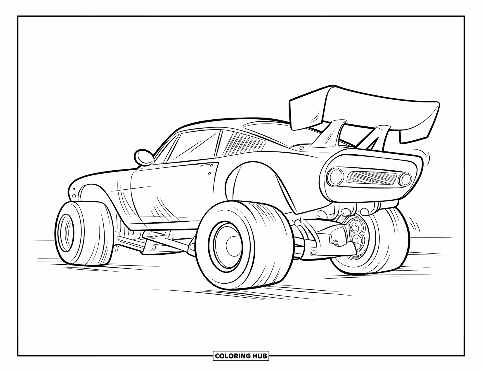 Derby Car Coloring Page for Kids: A bold race car shows off big wheels and a large spoiler
