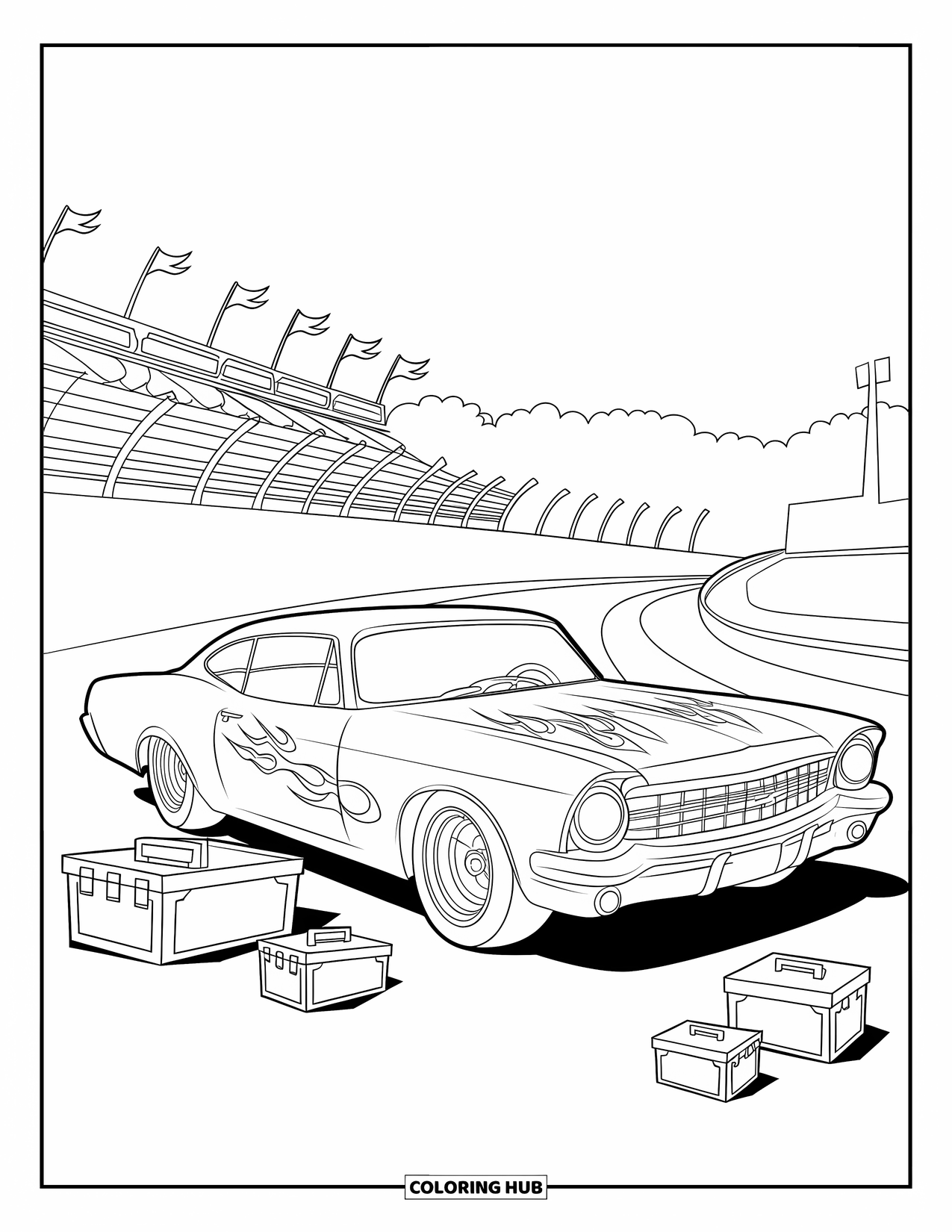 Derby Car Coloring Page for Kids: A bold race car shows off flames and toolboxes near a curved track