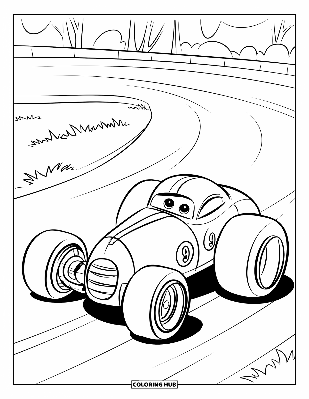 Derby Car Coloring Page for Kids: A bold race car with a number 9 rolls onto the track