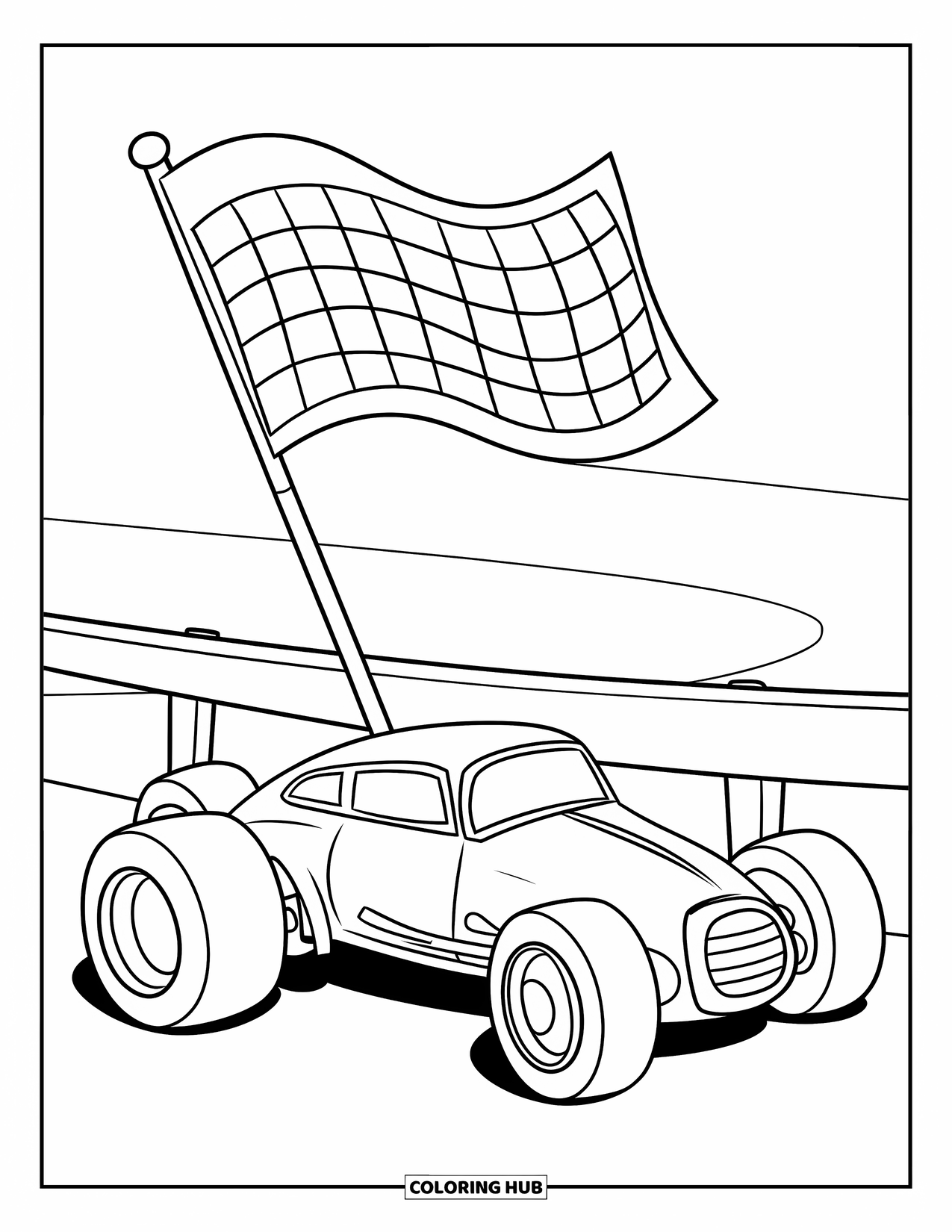 Derby Car Coloring Page for Kids: A boxy derby car parks proudly by the finish line flag
