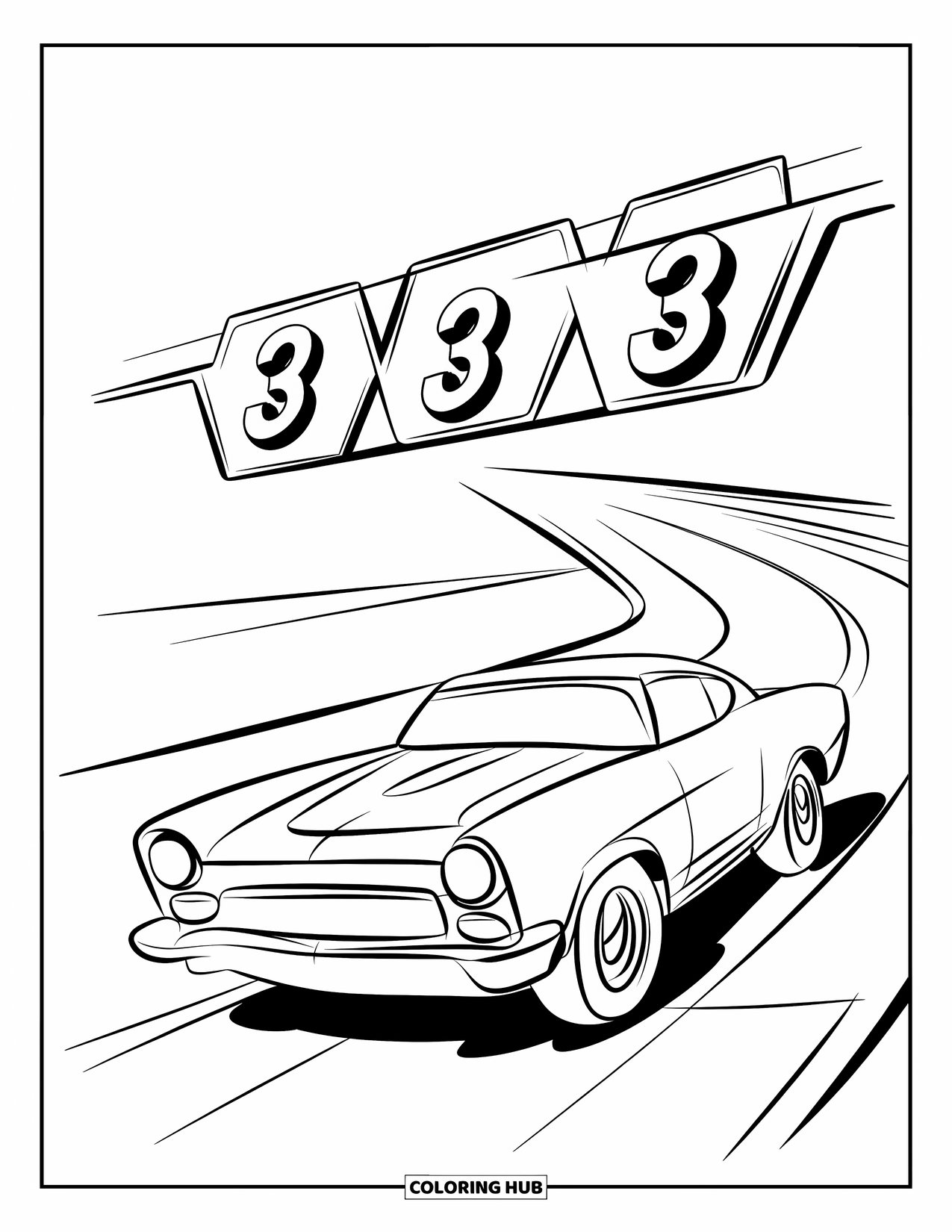 Derby Car Coloring Page for Kids: A bright red race car waits under a countdown timer