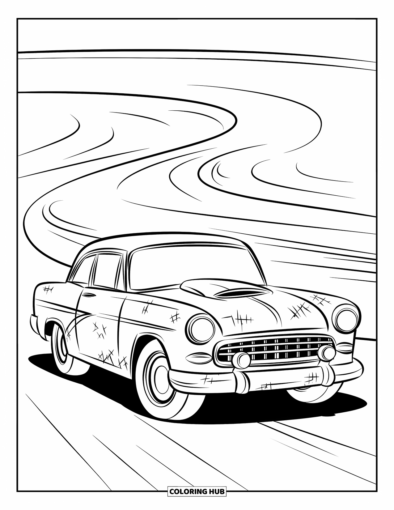 Derby Car Coloring Page for Kids: A classic derby car with dents races around a curved track