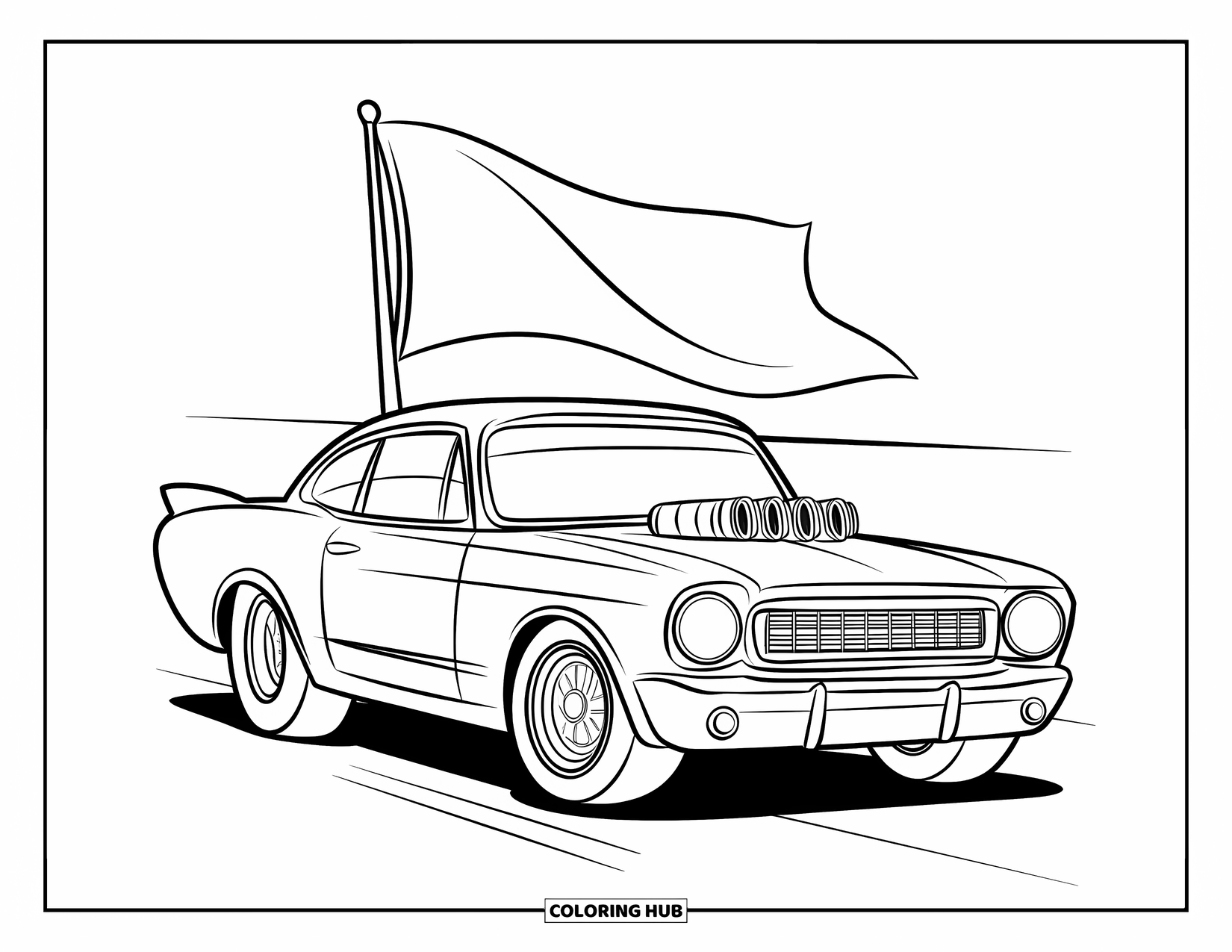 Derby Car Coloring Page for Kids: A derby car speeds by with a waving flag behind it