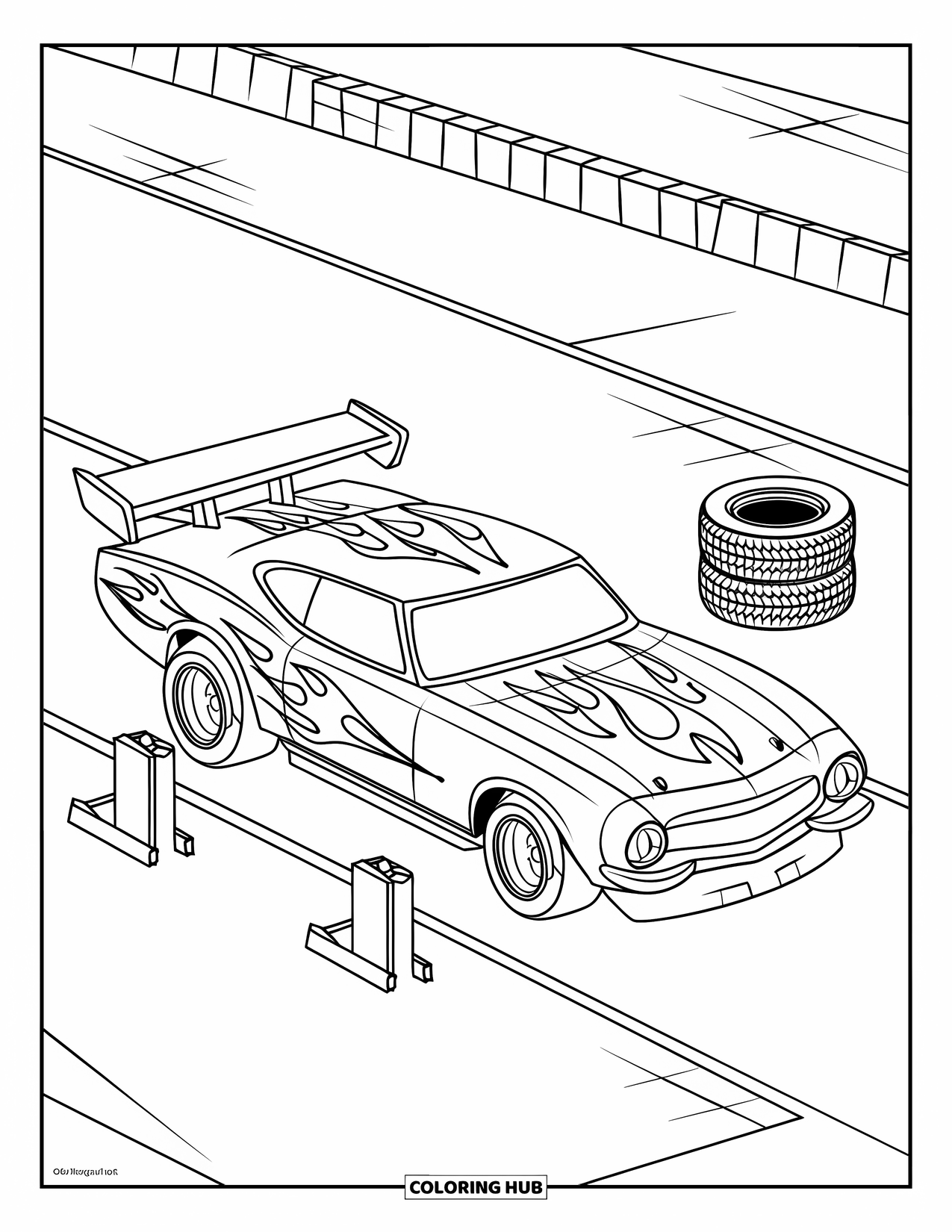 Derby Car Coloring Page for Kids: A flame-covered car rests on a clean track with tools nearby