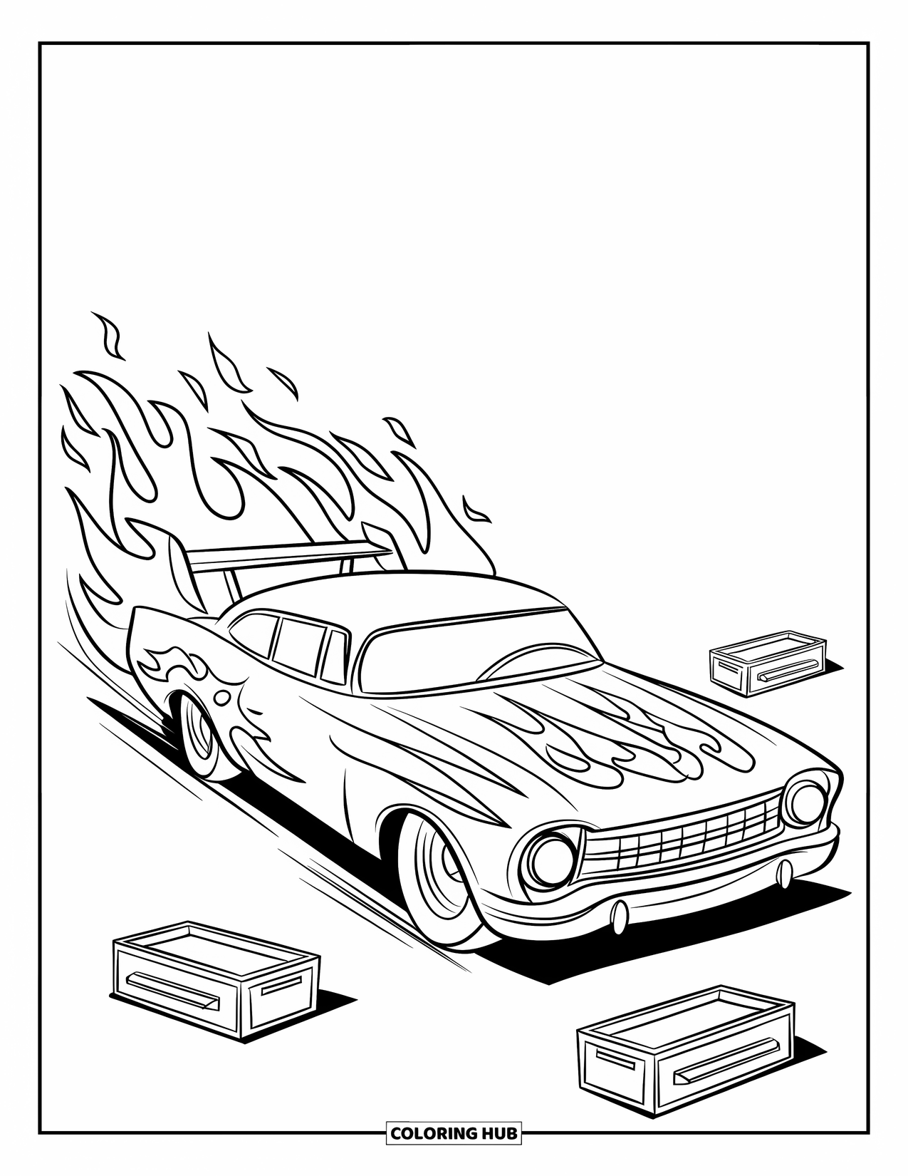 Derby Car Coloring Page for Kids: A flame-decorated race car rests with toolboxes around it