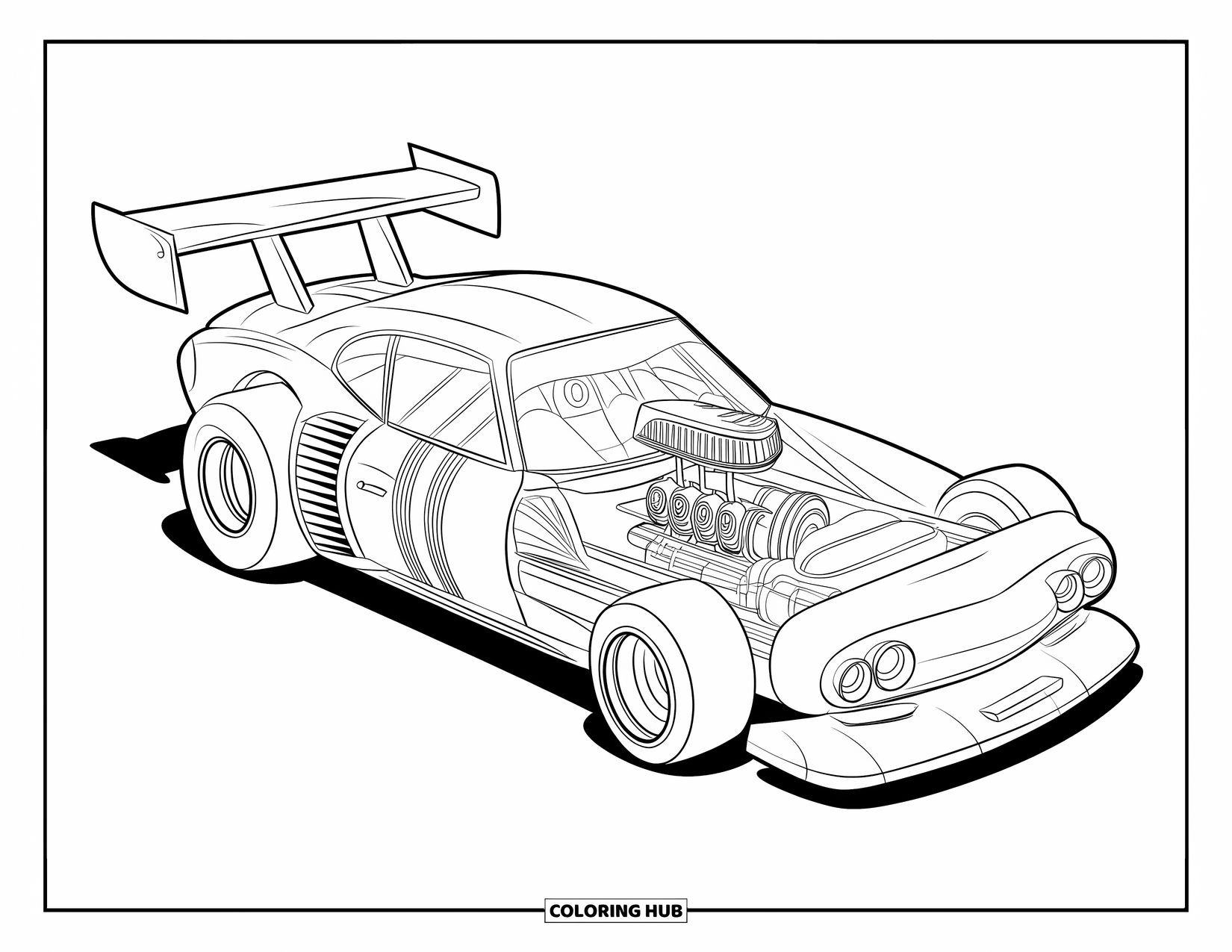 Derby Car Coloring Page for Kids: A fun derby car with a big spoiler and cool engine showing