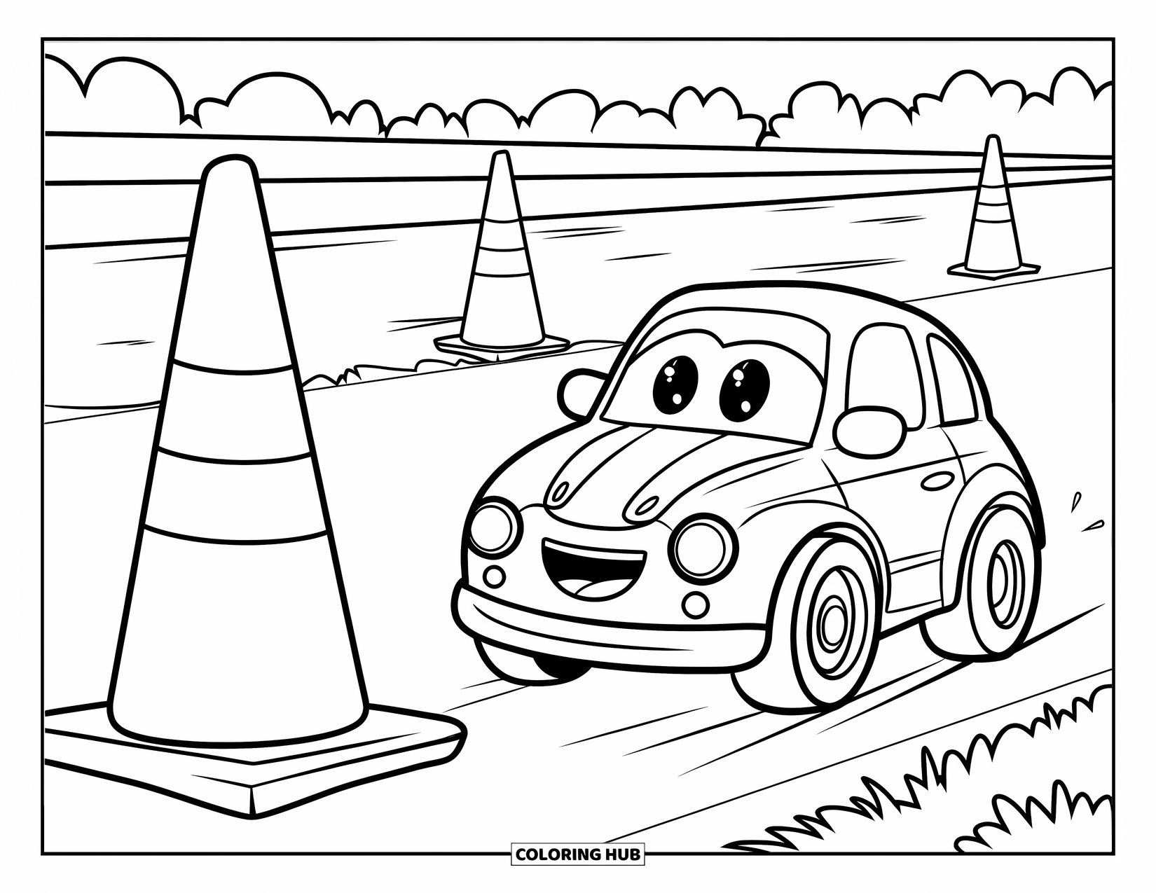 Derby Car Coloring Page for Kids: A happy little car rolls past cones on a dirt track