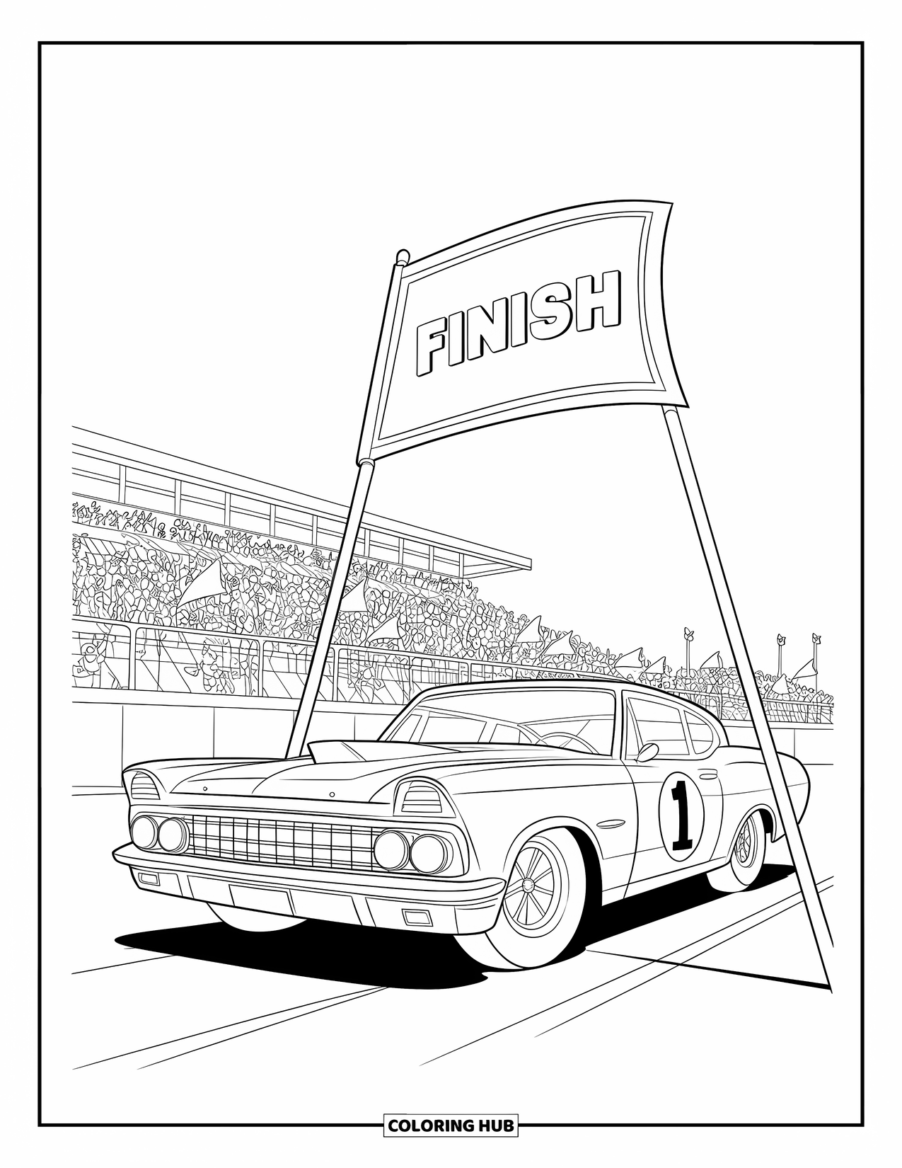 Derby Car Coloring Page for Kids: A red race car with a "1" waits as fans cheer nearby
