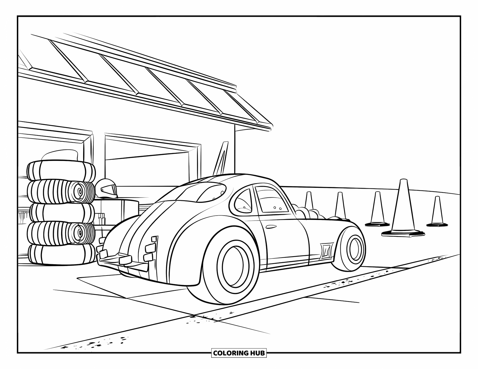 Derby Car Coloring Page for Kids: A red-striped car sits in the pit with tools and cones