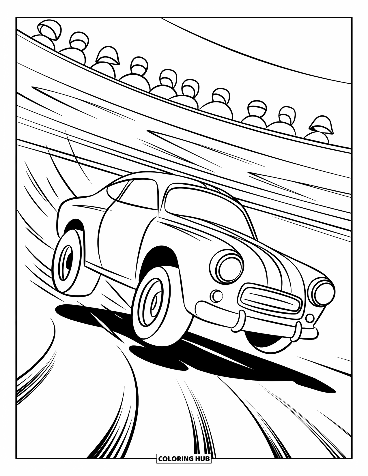 Derby Car Coloring Page for Kids: A round derby car jumps with speed lines all around