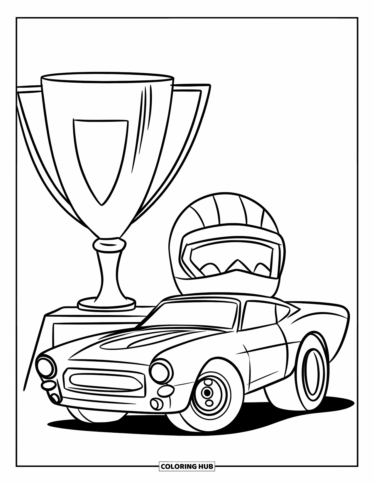 Derby Car Coloring Page for Kids: A round derby car poses with a trophy and helmet on the hood