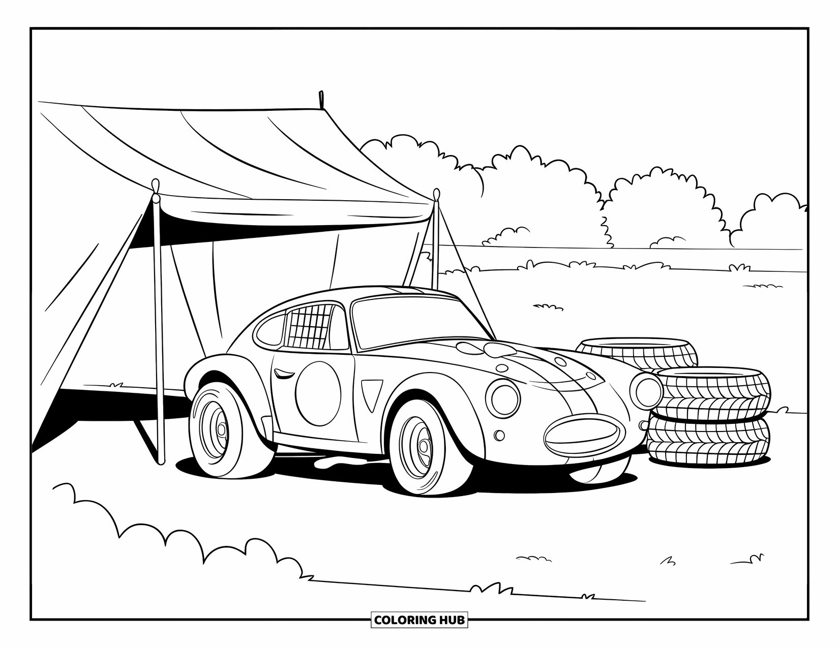 Derby Car Coloring Page for Kids: A round race car rests by a tent with stacked tires