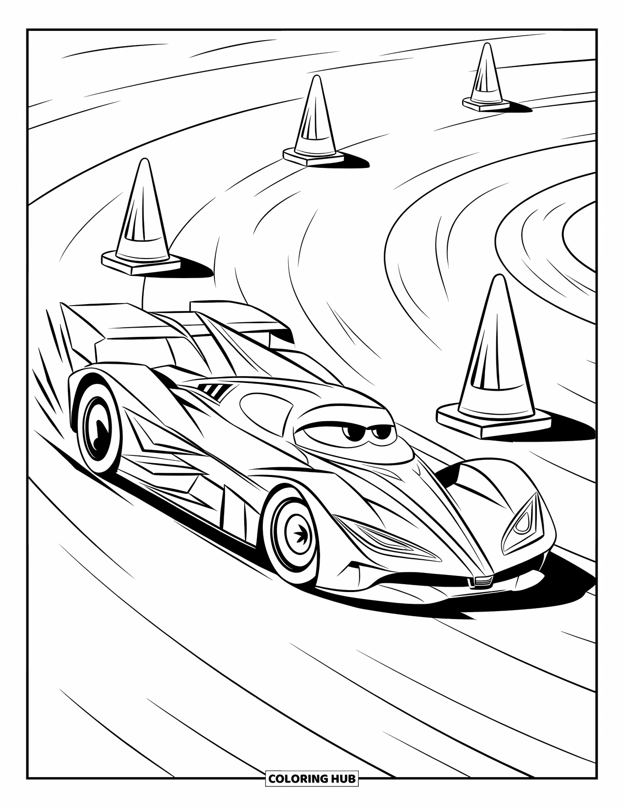Derby Car Coloring Page for Kids: A sharp-looking car speeds past cones on a winding track