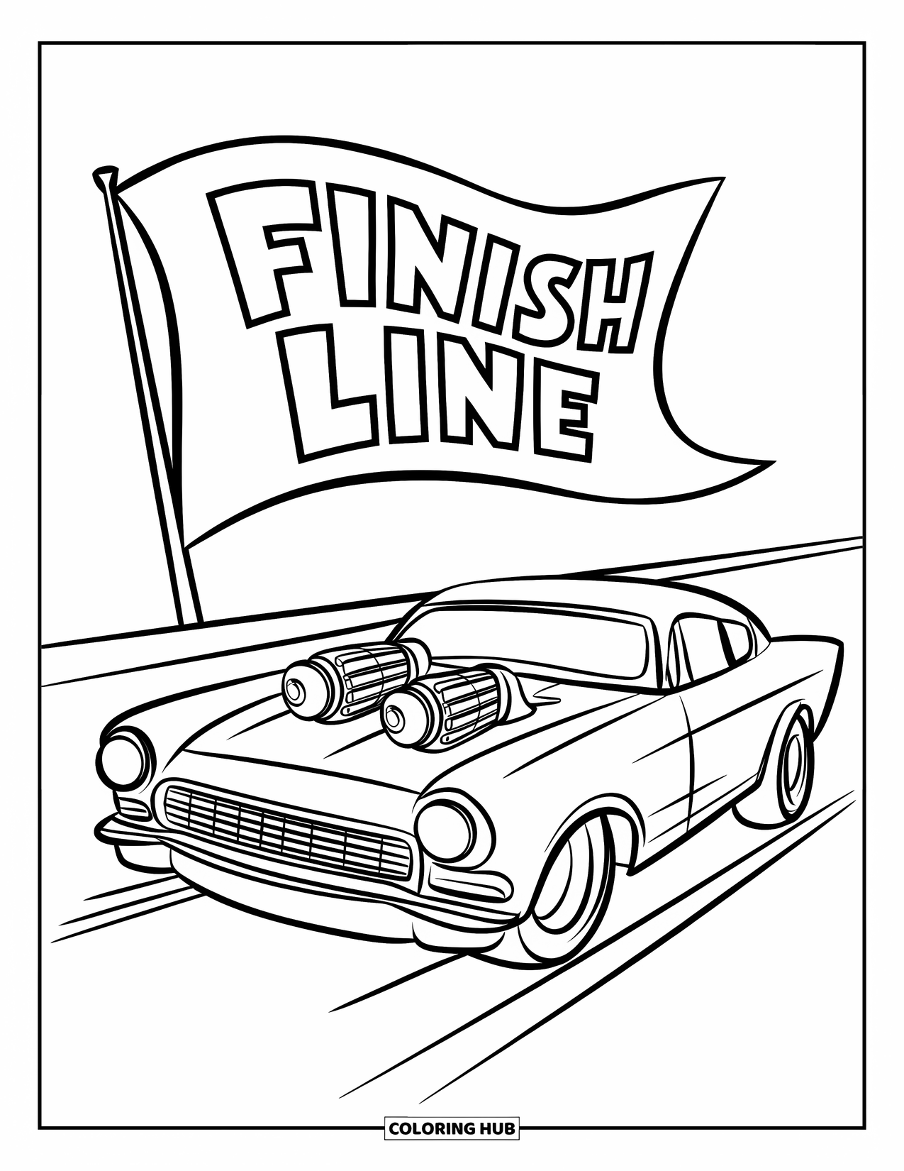 Derby Car Coloring Page for Kids: A shiny car waits under the "Finish Line" banner and waving flag