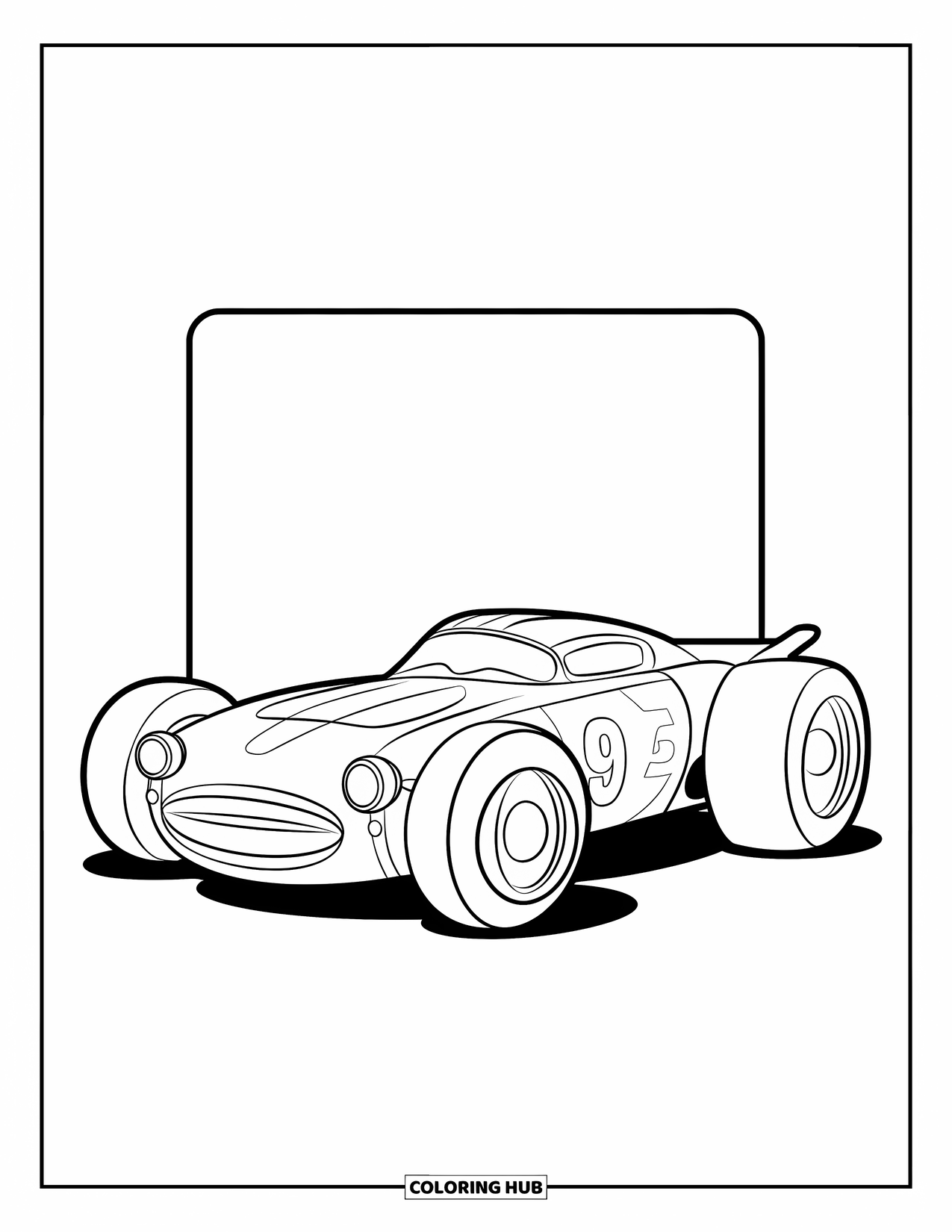 Derby Car Coloring Page for Kids: A shiny red number 9 car sits on a clean white square