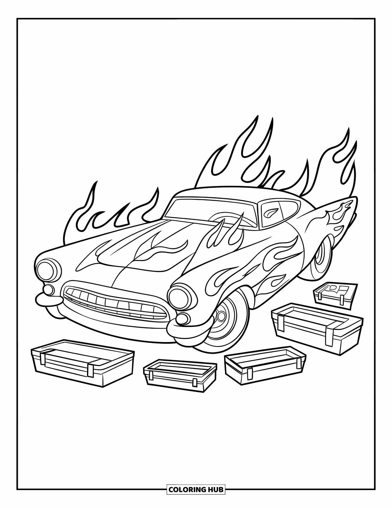 Derby Car Coloring Page for Kids: A sleek car with fiery designs is surrounded by toolboxes