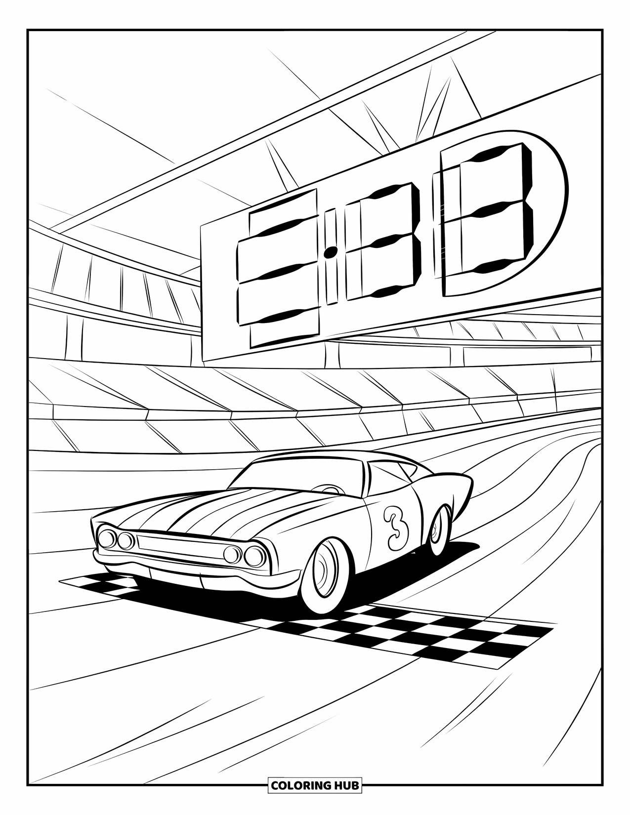 Derby Car Coloring Page for Kids: A striped car gets ready to race with three seconds left