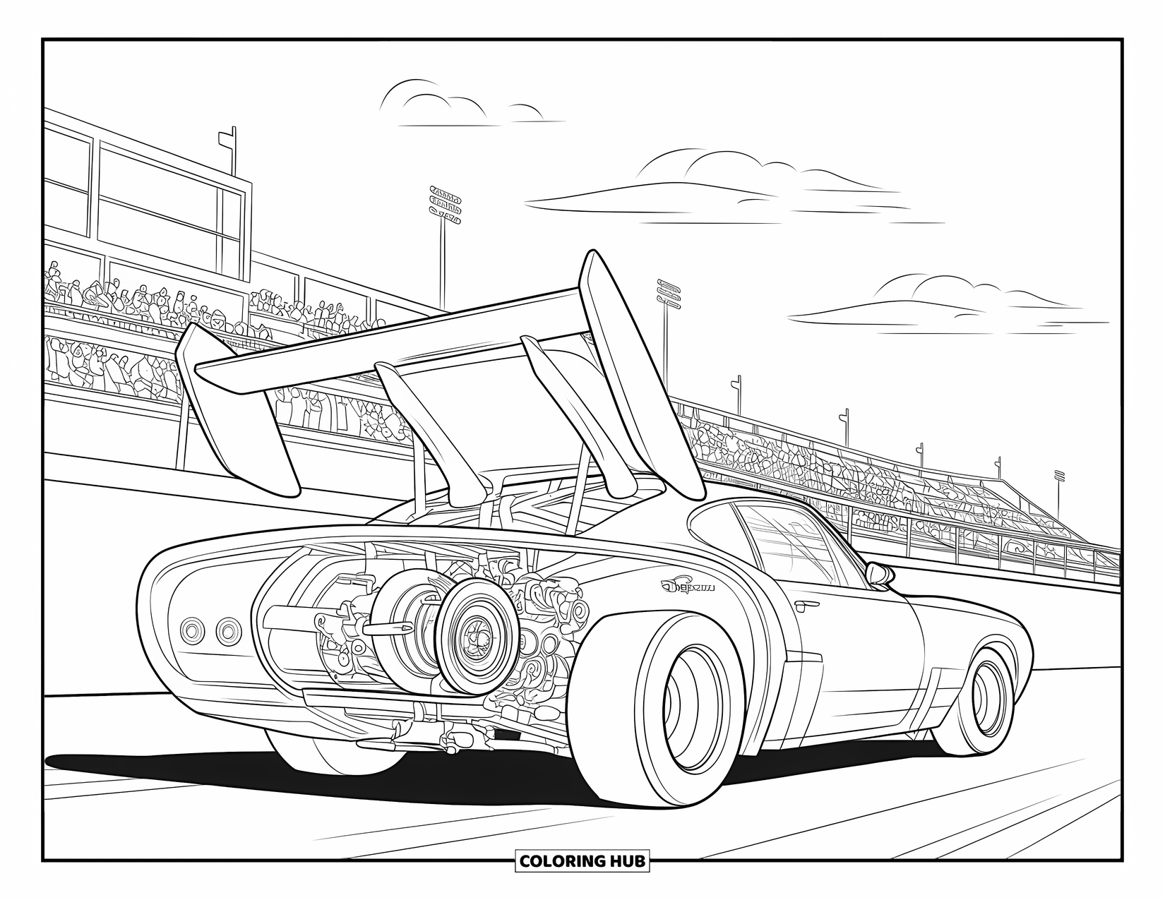 Derby Car Coloring Page for Kids: A striped red car parked on a racetrack with cheering fans