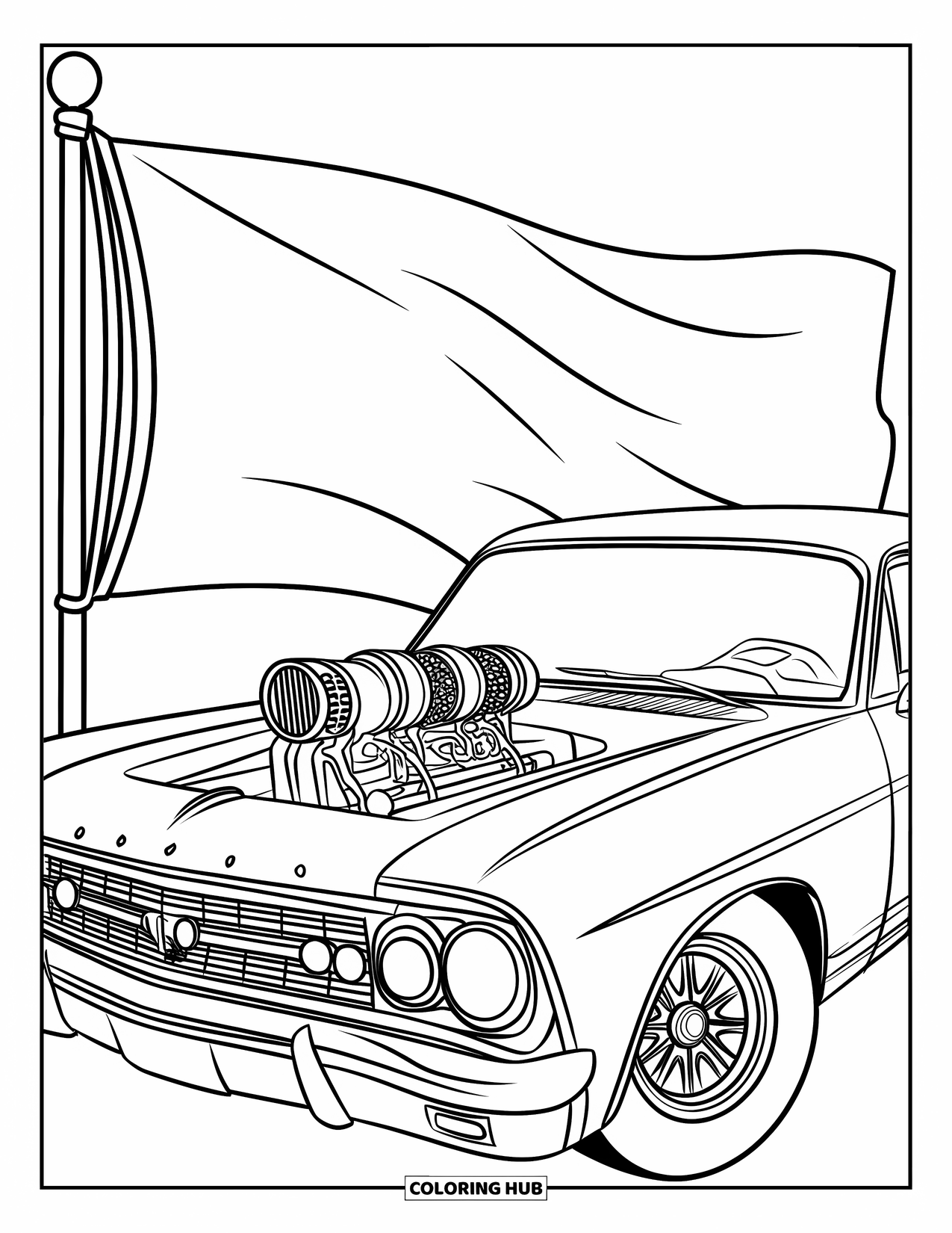 Derby Car Coloring Page for Kids: A vented race car sits proudly in front of a waving flag
