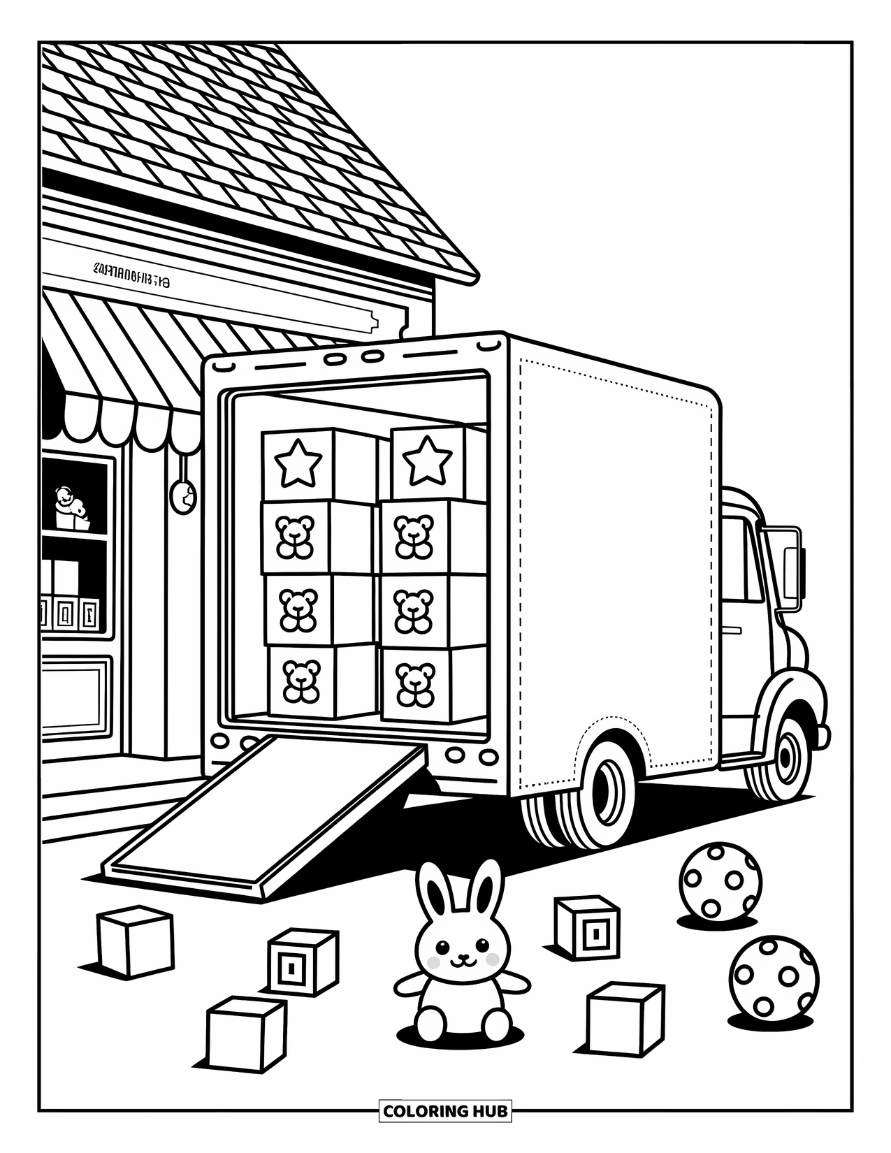 Diesel Truck Coloring Page for Adults: Box truck by a toy shop with plush toys, balls, and blocks scattered around
