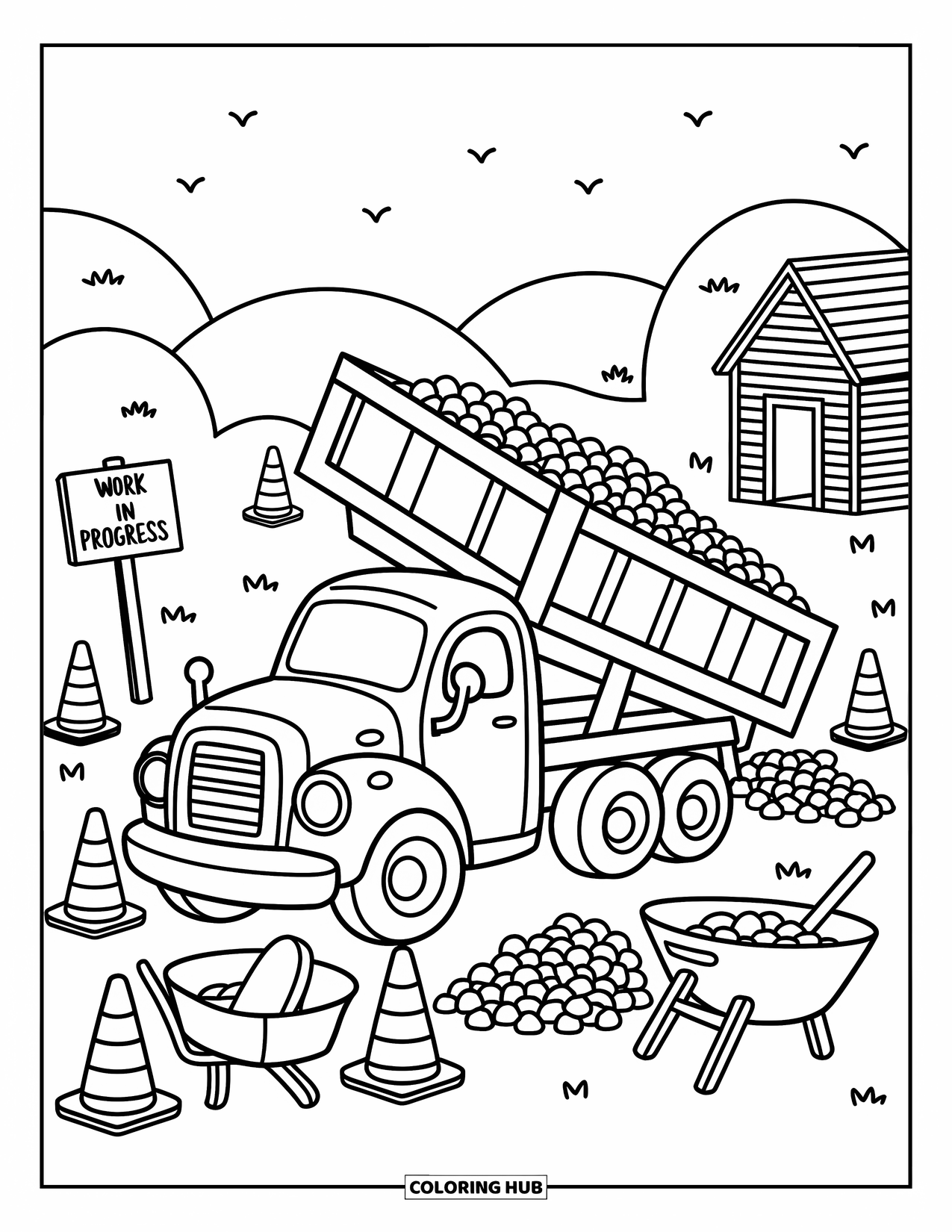 Diesel Truck Coloring Page for Adults: Cute dump truck in a work zone near a playhouse under rolling hills