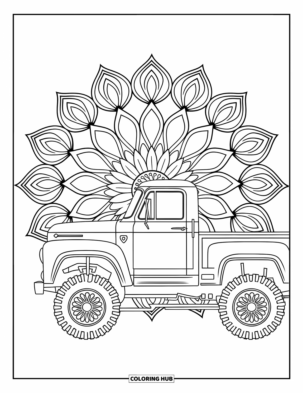 Diesel Truck Coloring Page for Adults: Diesel truck parked in front of a large floral mandala backdrop