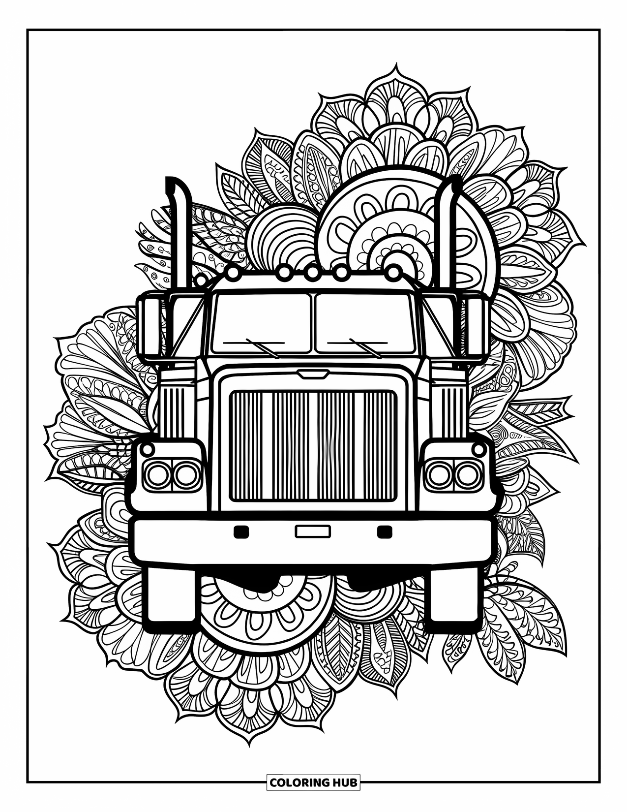 Diesel Truck Coloring Page for Adults: Front-facing diesel truck surrounded by botanical mandala swirls