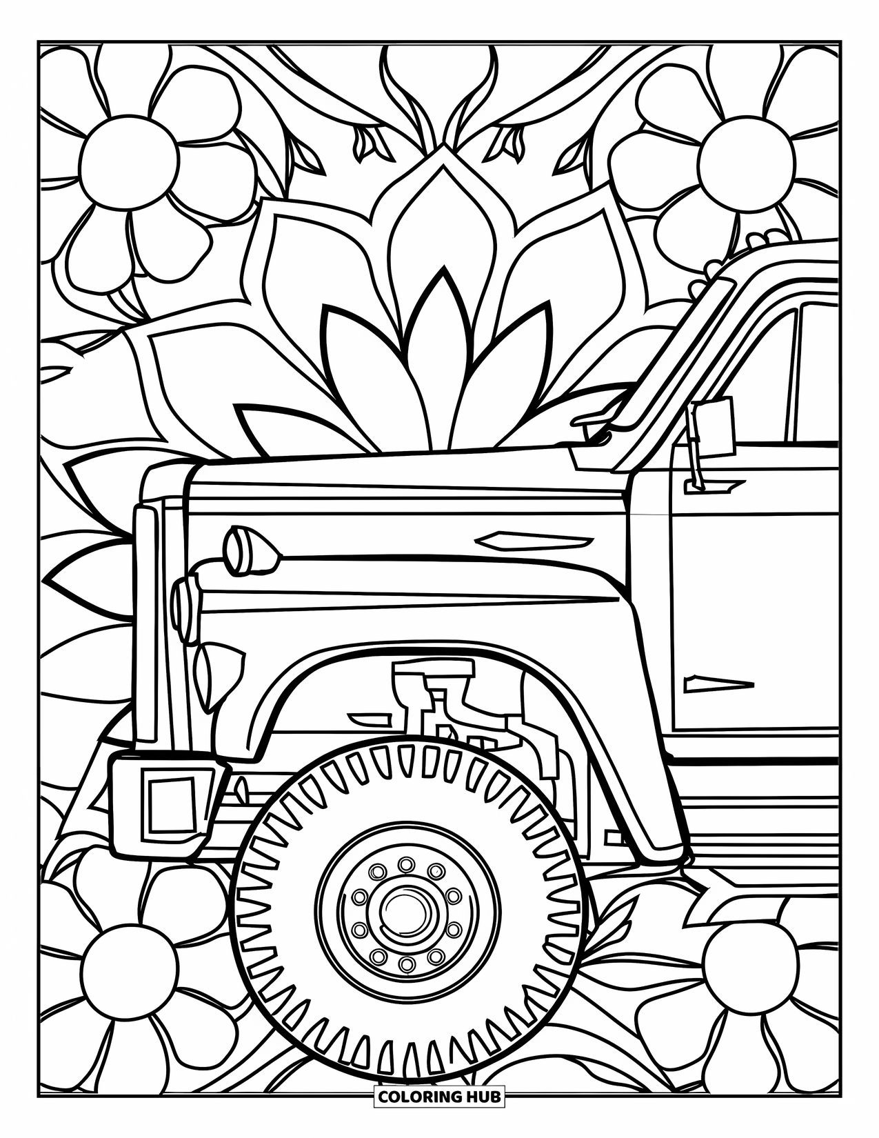Diesel Truck Coloring Page for Adults: Side-view diesel truck with detailed tire treads and floral mandala