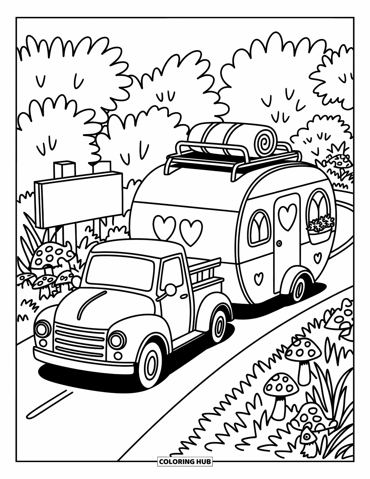 Diesel Truck Coloring Page for Adults: Tow truck with camper passes trees, mushrooms, and a "Camp Ahead" sign