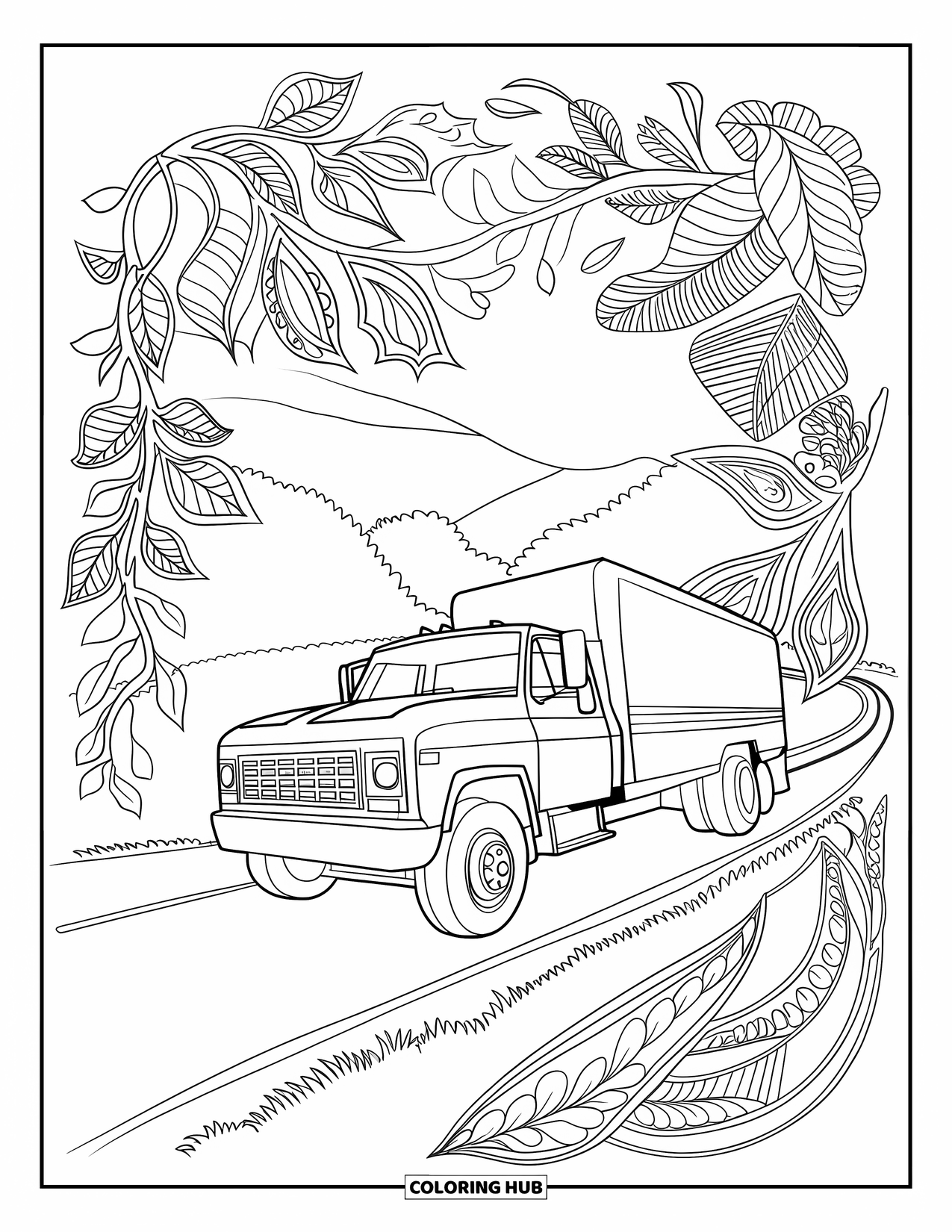 Diesel Truck Coloring Page for Adults: Truck in motion framed by intricate vines and petals