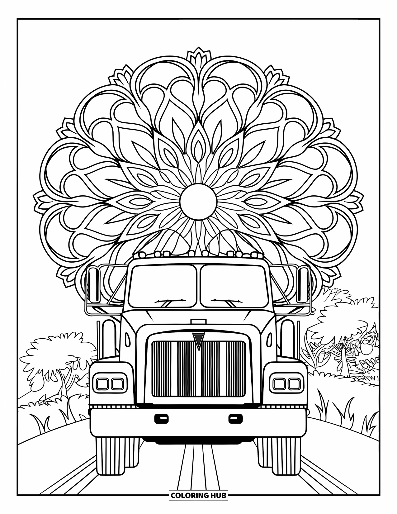Diesel Truck Coloring Page for Adults: Truck with symmetrical floral mandala pattern behind it