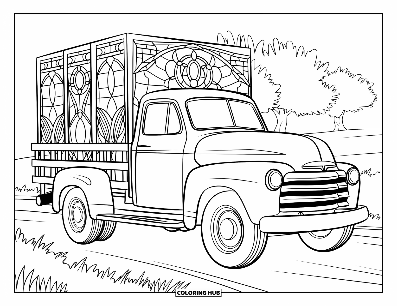 Diesel Truck Coloring Page for Adults: Truck with wooden bed in front of stained glass floral backdrop