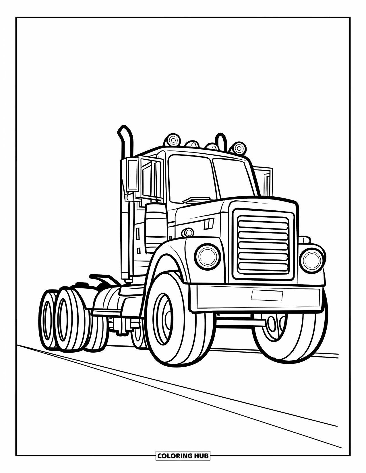Diesel Truck Coloring Page for Kids: Cute diesel truck with smiling headlights parked on a flat road