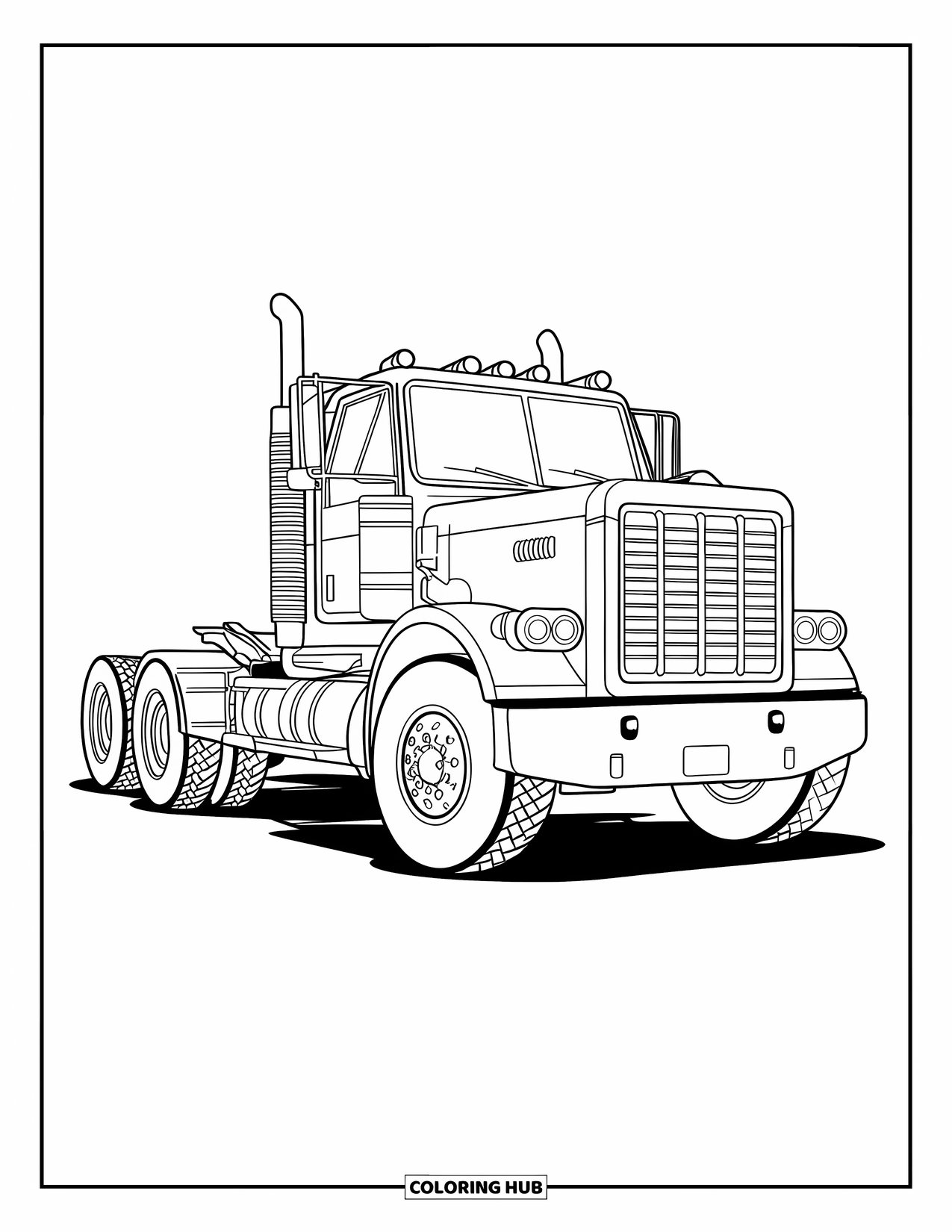 Diesel Truck Coloring Page for Kids: Diesel truck angled three-quarters with turned tires and bold style