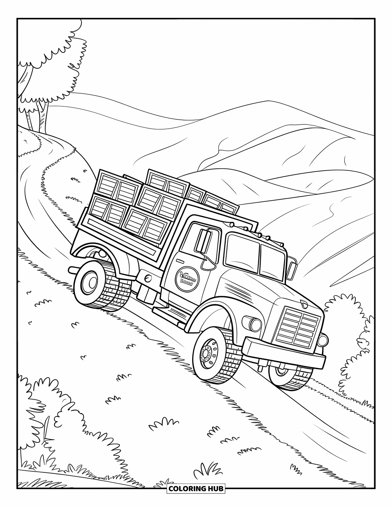 Diesel Truck Coloring Page for Kids: Diesel truck climbing hilly dirt road with crates in bed