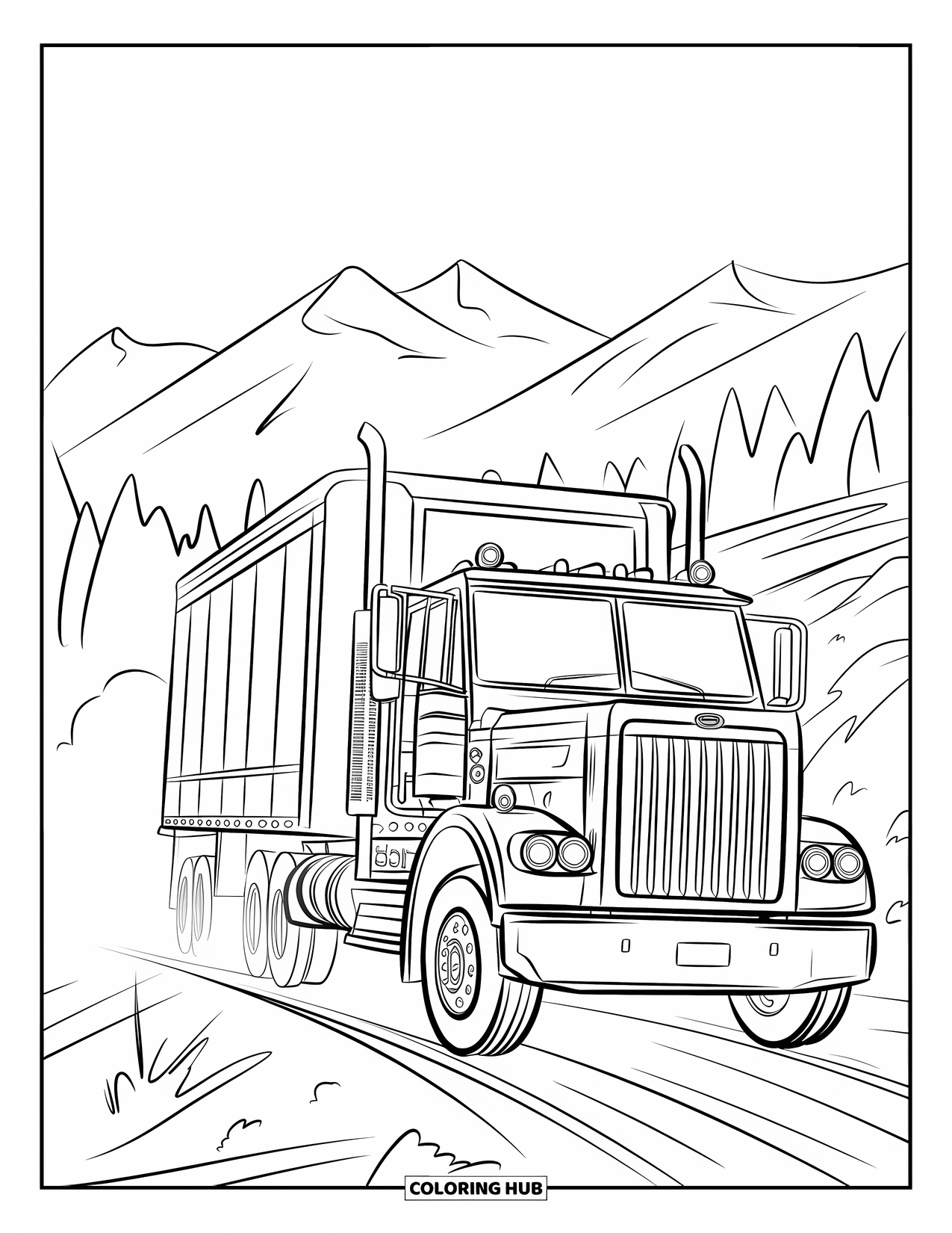 Diesel Truck Coloring Page for Kids: Diesel truck driving uphill leaving a dust trail on mountain road