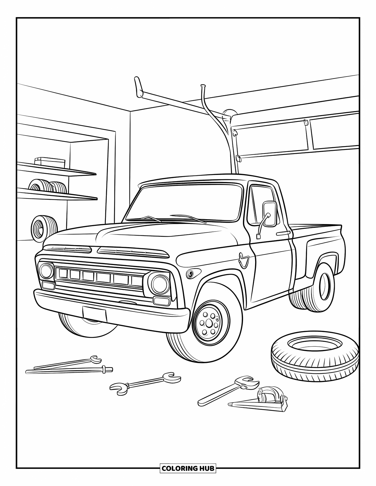 Diesel Truck Coloring Page for Kids: Diesel truck in garage with wrenches, jack, and tools