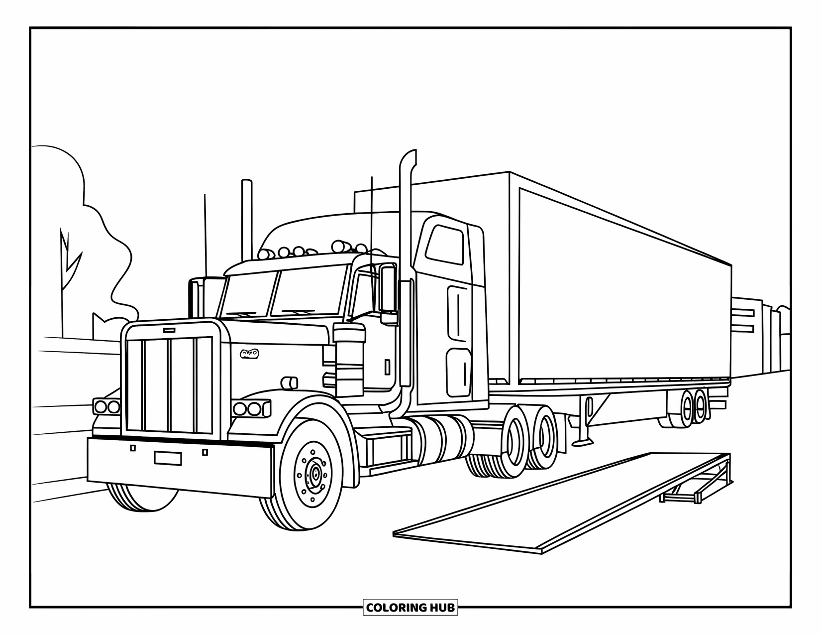 Diesel Truck Coloring Page for Kids: Diesel truck next to loading ramp and hitch on paved ground
