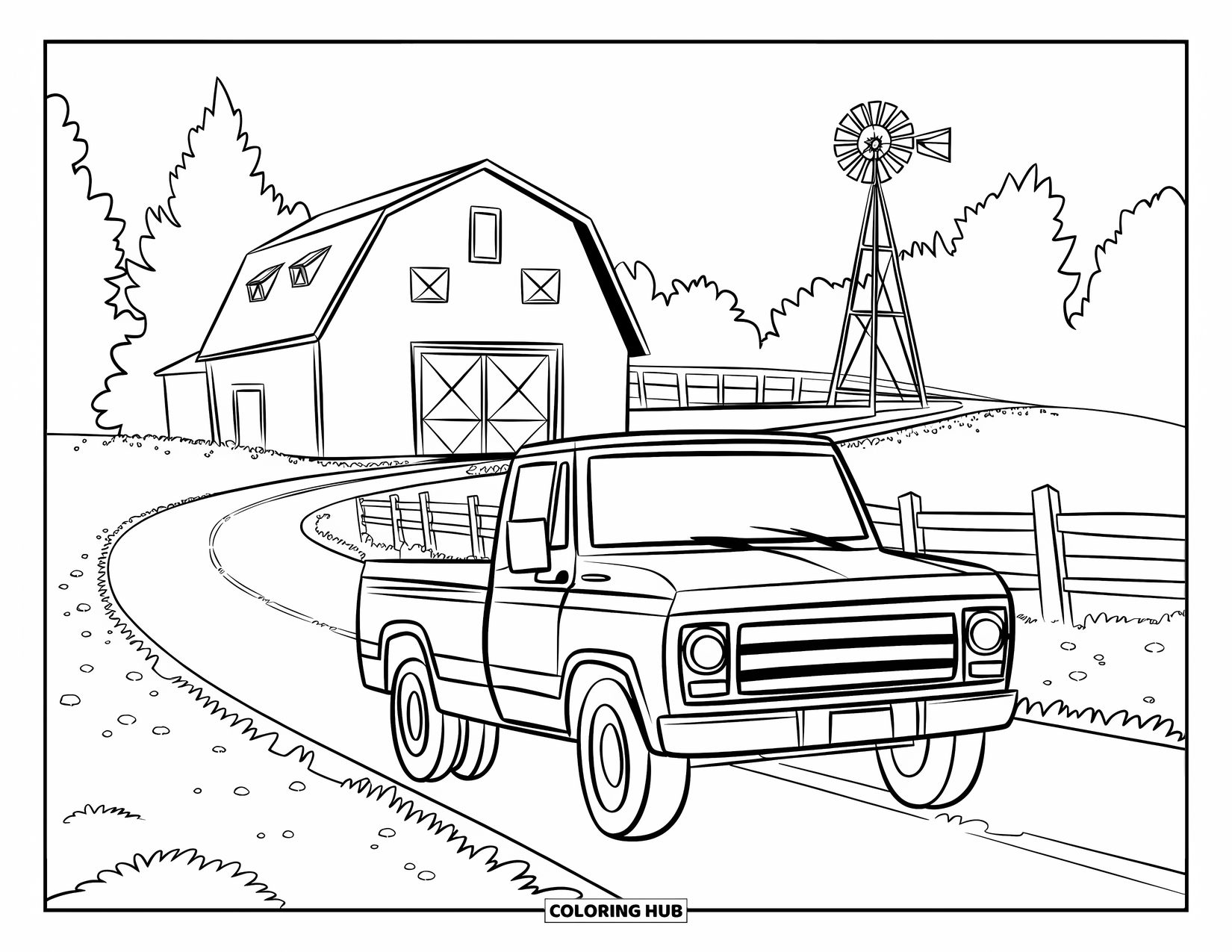 Diesel Truck Coloring Page for Kids: Diesel truck on curved farm road near barn and windmill