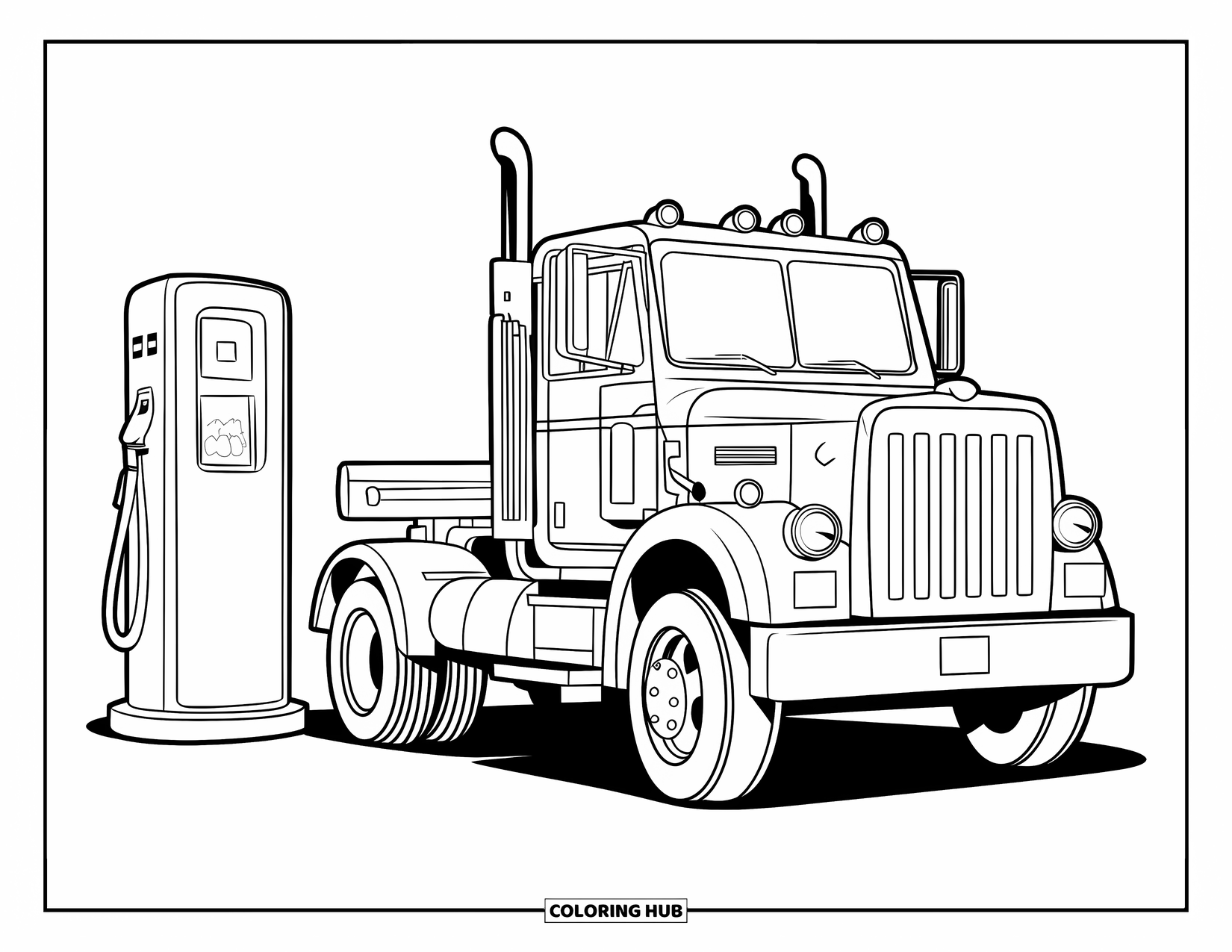 Diesel Truck Coloring Page for Kids: Diesel truck parked beside a chunky gas pump with playful shapes