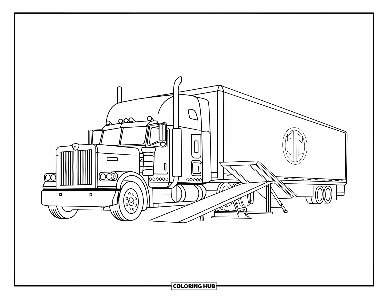 Diesel Truck Coloring Page for Kids: Diesel truck parked beside trailer hitch and loading ramp